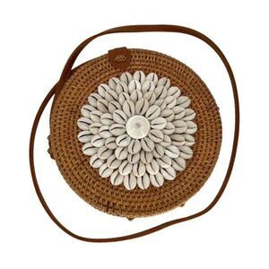 Jelavu Womens Rattan Floral Shells Round Crossbody Handbag Brown‎ White OS